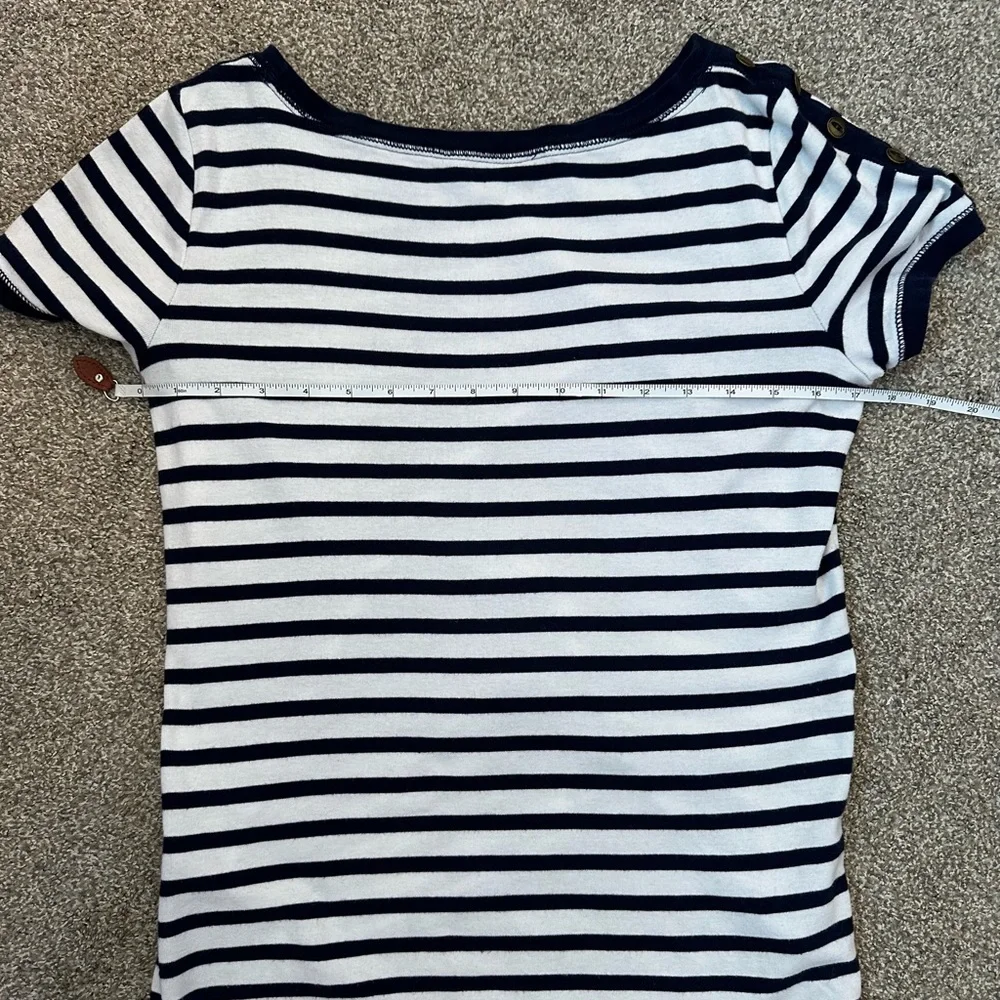 Ralph Lauren Shirt Blue White Stripe Button Shoulder Women’s Large Nautical - Picture 10 of 11